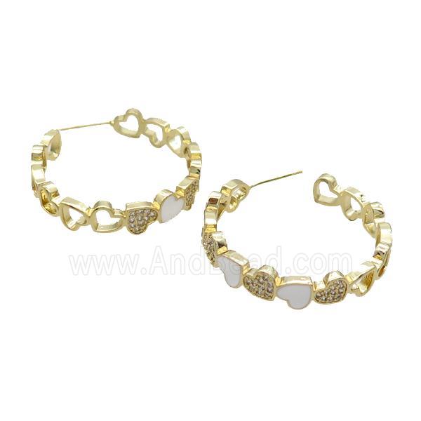 Copper Stud Earring Pave Zircon White Enamel Heart Gold Plated