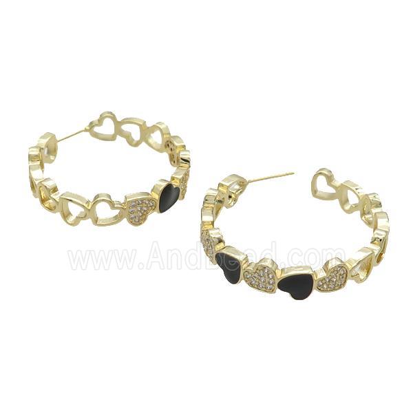 Copper Stud Earring Pave Zircon Black Enamel Heart Gold Plated