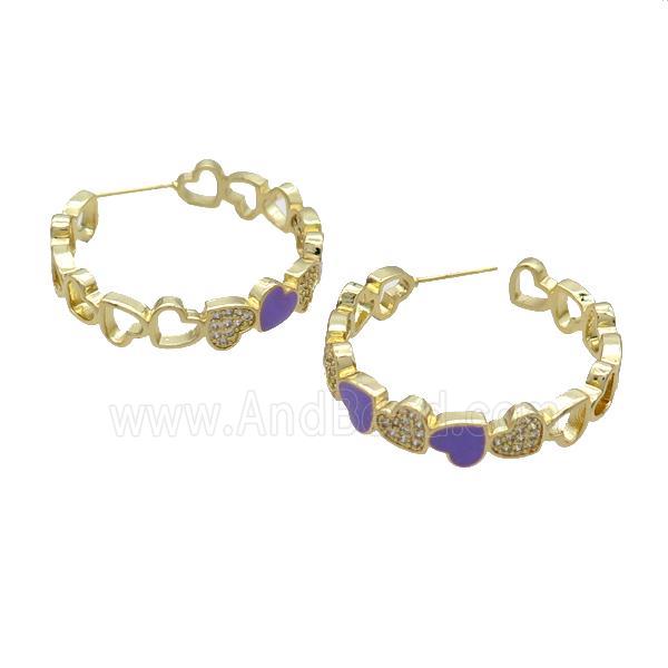 Copper Stud Earring Pave Zircon Lavender Enamel Heart Gold Plated