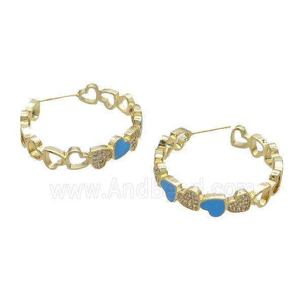 Copper Stud Earring Pave Zircon Blue Enamel Heart Gold Plated