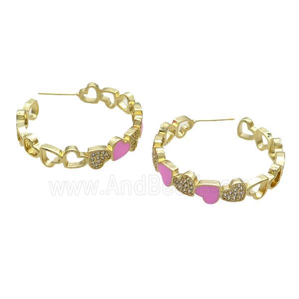 Copper Stud Earring Pave Zircon Pink Enamel Heart Gold Plated