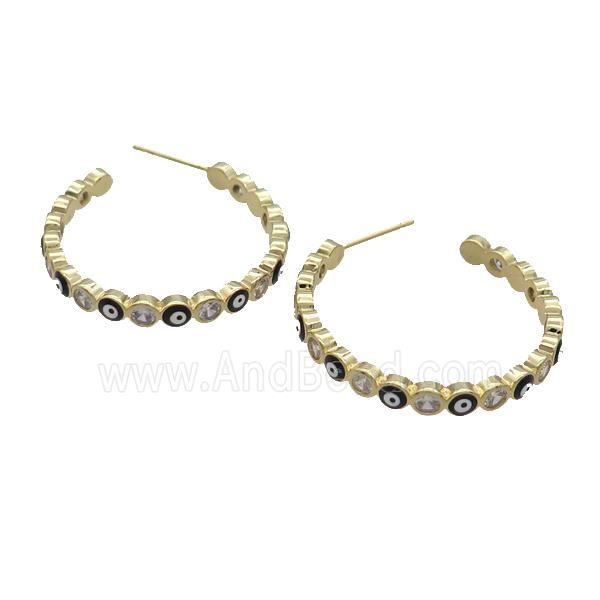 Copper Stud Earring Pave Zircon Black Enamel Evil Eye Gold Plated