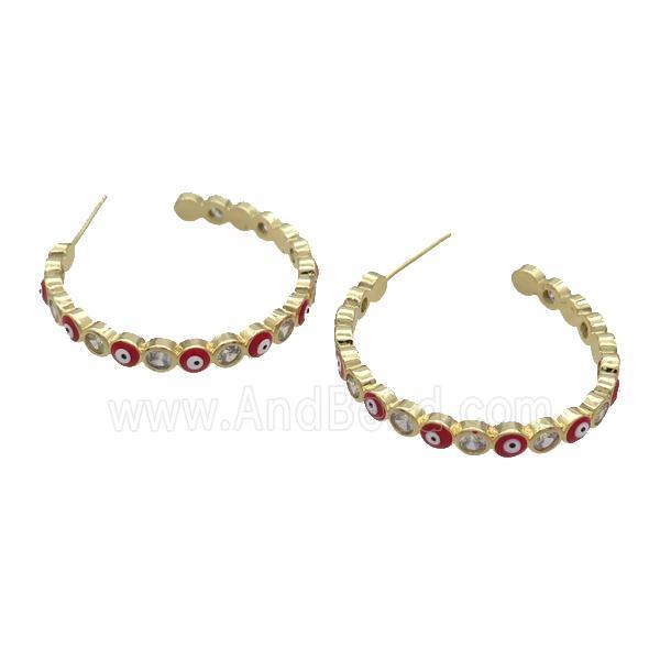 Copper Stud Earring Pave Zircon Red Enamel Evil Eye Gold Plated