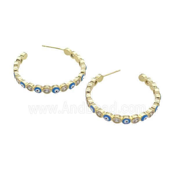 Copper Stud Earring Pave Zircon Blue Enamel Evil Eye Gold Plated