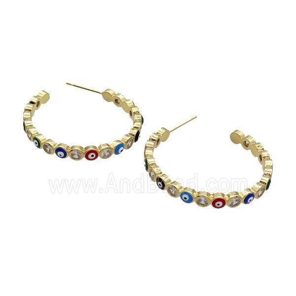 Copper Stud Earring Pave Zircon Multicolor Enamel Evil Eye Gold Plated