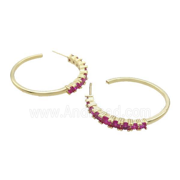 Copper Stud Earring Pave Hotpink Zircon Gold Plated