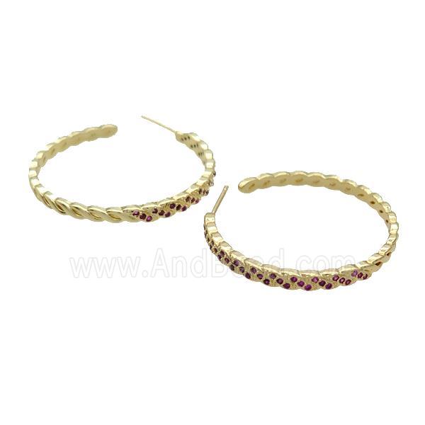 Copper Stud Earring Pave Hotpink Zircon Gold Plated