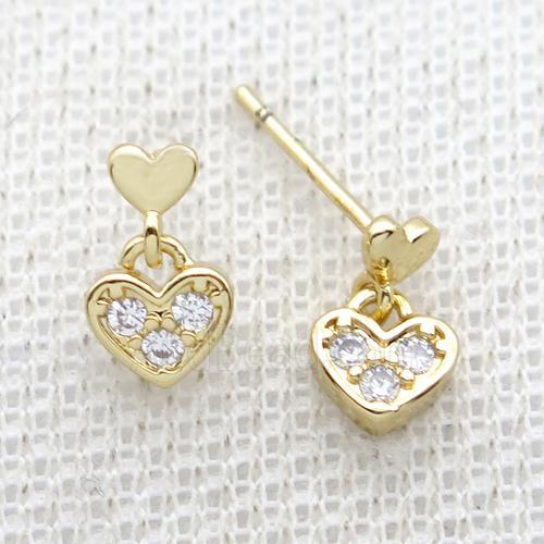 Copper Stud Earring Pave Zircon Heart Gold Plated