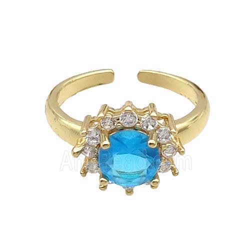 Copper Ring Pave Zircon Blue Crystal Gold Plated