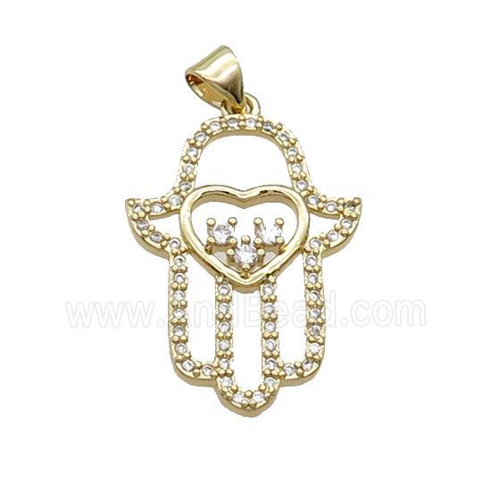 Copper Hamsahand Pendant Pave Zircon Heart Gold Plated