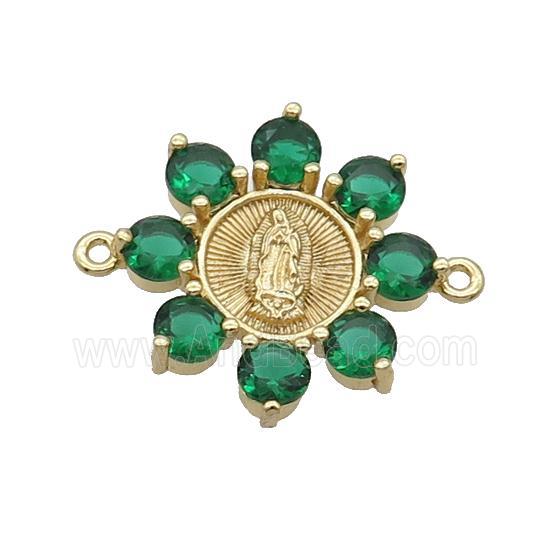 Copper Flower Connector Pave Green Crystal Jesus Gold Plated