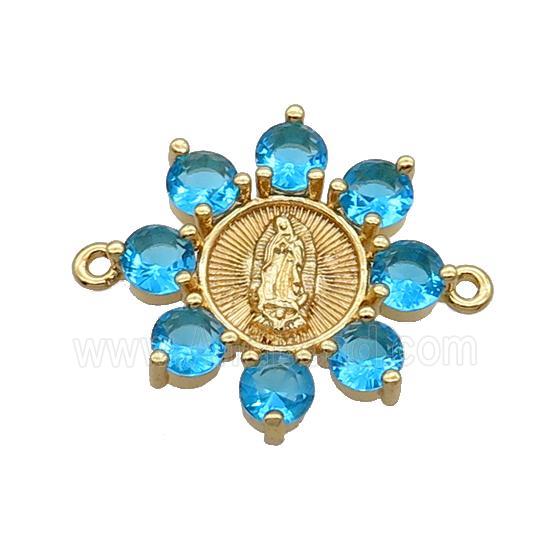 Copper Flower Connector Pave Blue Crystal Jesus Gold Plated
