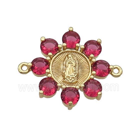 Copper Flower Connector Pave Red Crystal Jesus Gold Plated