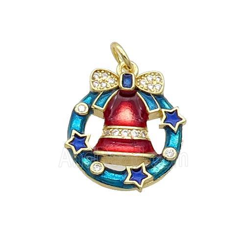 Copper Christmas Bell Pendant Pave Zircon Red Enamel Gold Plated