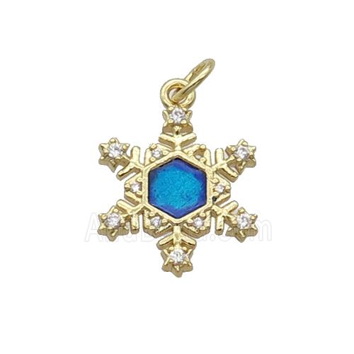 Copper Snowflake Pendant Pave Zircon Blue Enamel Gold Plated