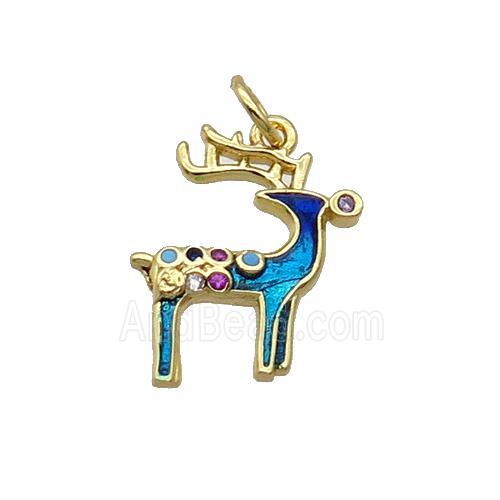 Copper Reindeer Pendant Pave Zircon Blue Enamel Gold Plated