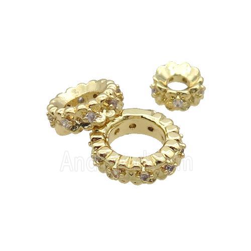Copper Rondelle Beads Pave Zircon Large Hole Gold Plated