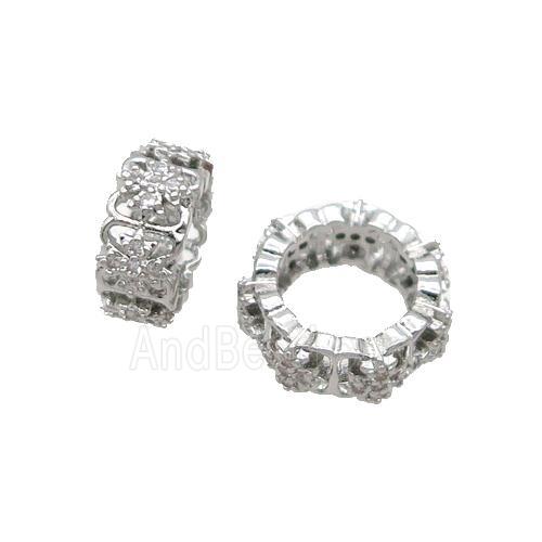 Copper Rondelle Beads Pave Zircon Large Hole Platinum Plated