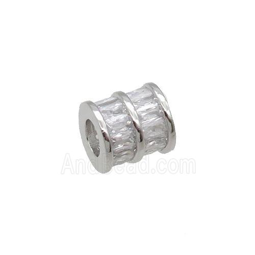 Copper Tube Beads Pave Zircon Large Hole Platinum Plated