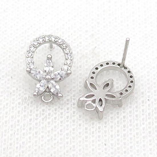 Copper Stud Earring Pave Zircon Flower Platinum Plated