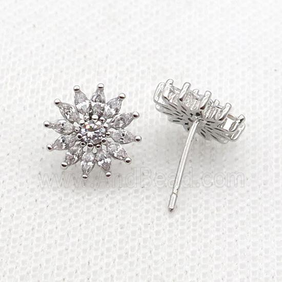Copper Stud Earring Pave Zircon Sunflower Platinum Plated