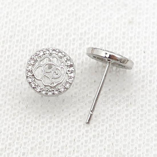 Copper Stud Earring Pave Zircon Flower Platinum Plated