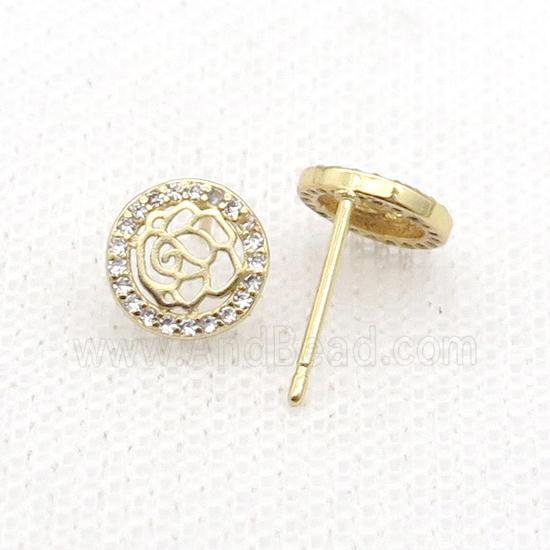 Copper Stud Earring Pave Zircon Flower Gold Plated