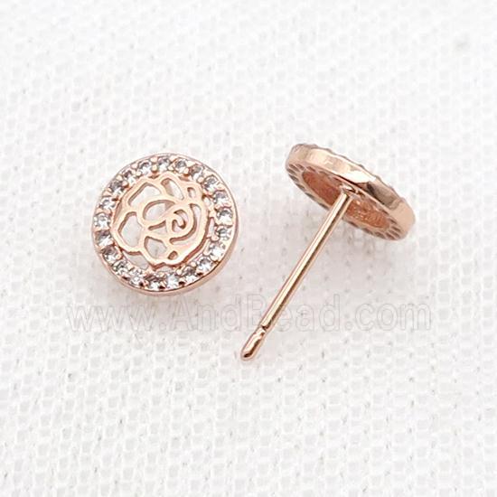 Copper Stud Earring Pave Zircon Flower Rose Gold