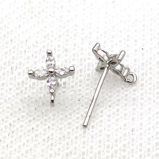 Copper Stud Earring Pave Zircon Cross Platinum Plated