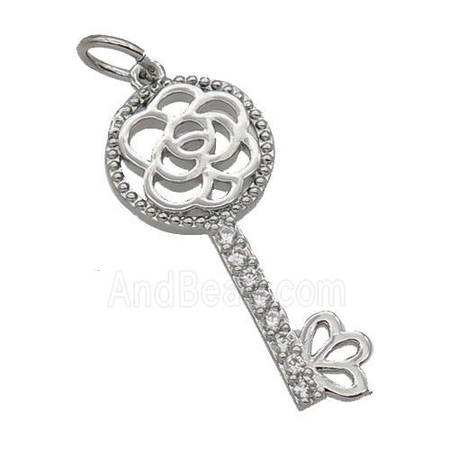 Copper Key Pendant Pave Zircon Platinum Plated