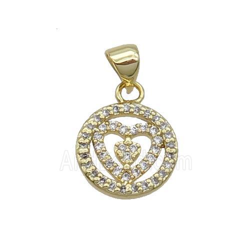Copper Circle Pendant Pave Zircon Heart Gold Plated