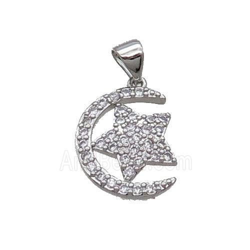 Copper Moon Pendant Pave Zircon Star Platinum Plated