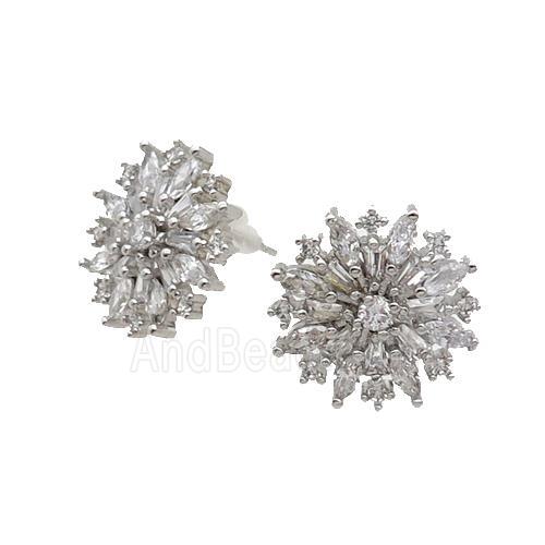 Copper Flower Stud Earring Pave Zircon Platinum Plated