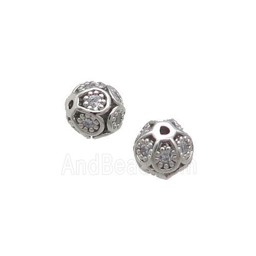Copper Round Beads Pave Zircon Platinum Plated