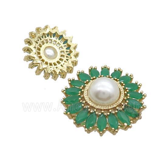 Copper Beads Pave Zircon Green Flower Glass Pearlized Gold Plated