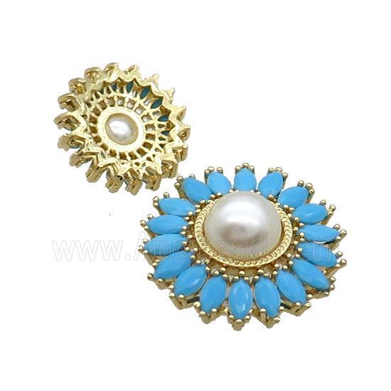 Copper Beads Pave Zircon Blue Flower Glass Pearlized Gold Plated