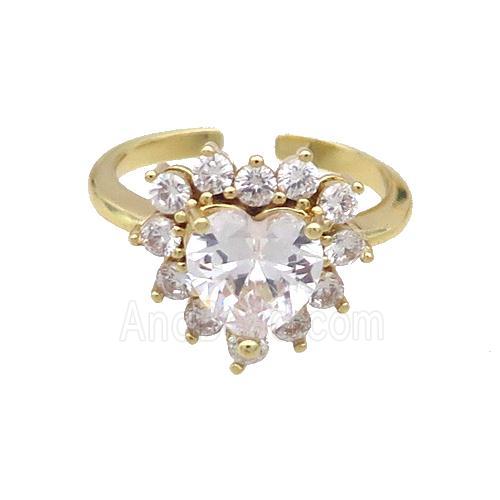 Copper Ring Pave Zircon Clear Crystal Heart Gold Plated
