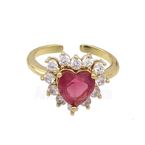 Copper Ring Pave Zircon Red Crystal Heart Gold Plated