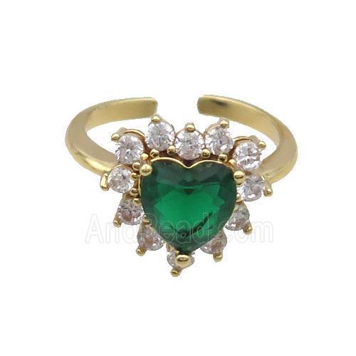 Copper Ring Pave Zircon Green Crystal Heart Gold Plated