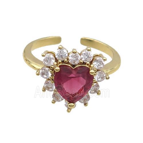 Copper Ring Pave Zircon Red Crystal Heart Gold Plated