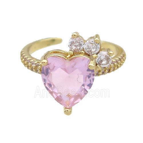 Copper Ring Pave Zircon Pink Crystal Heart Gold Plated