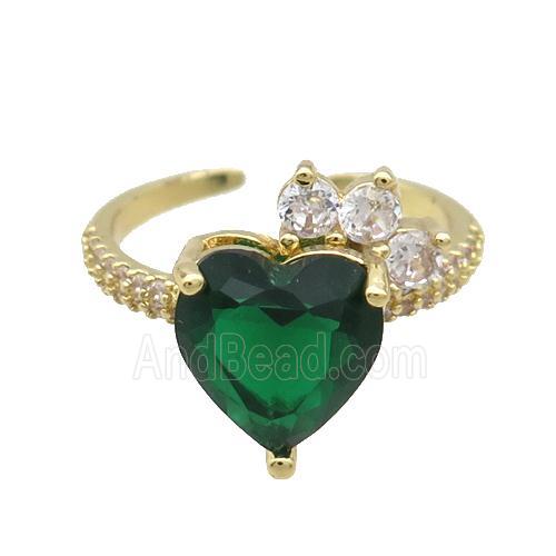 Copper Ring Pave Zircon Green Crystal Heart Gold Plated