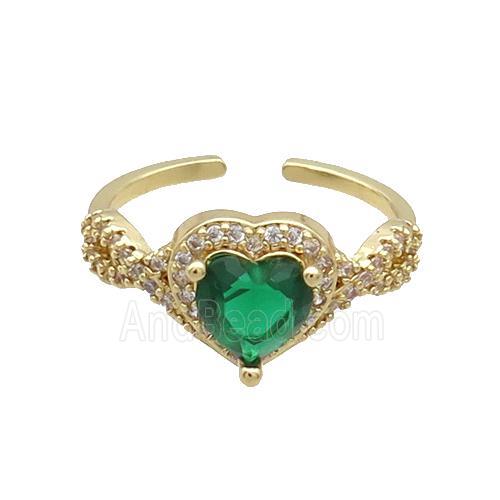 Copper Ring Pave Zircon Green Crystal Heart Gold Plated