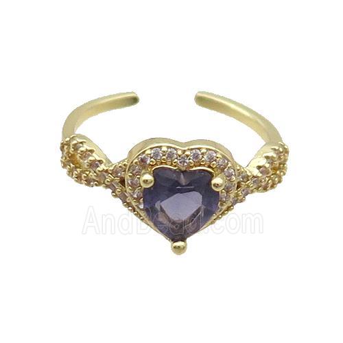 Copper Ring Pave Zircon Purple Crystal Heart Gold Plated