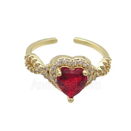 Copper Ring Pave Zircon Red Crystal Heart Gold Plated