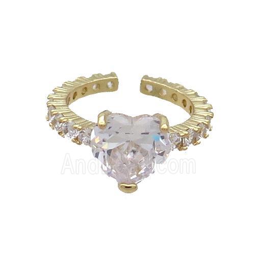 Copper Ring Pave Zircon Clear Crystal Heart Gold Plated