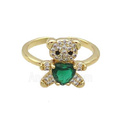 Copper Ring Pave Zircon Green Crystal Bear Gold Plated
