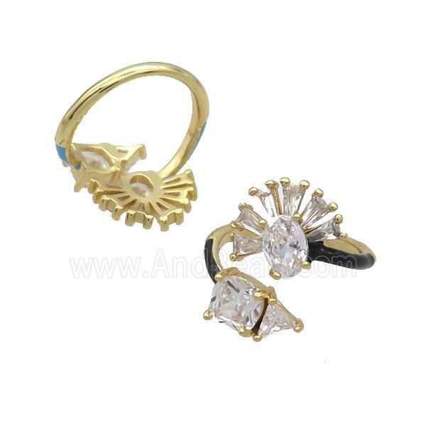 Copper Ring Pave Zircon Clear Crystal Black Enamel Gold Plated