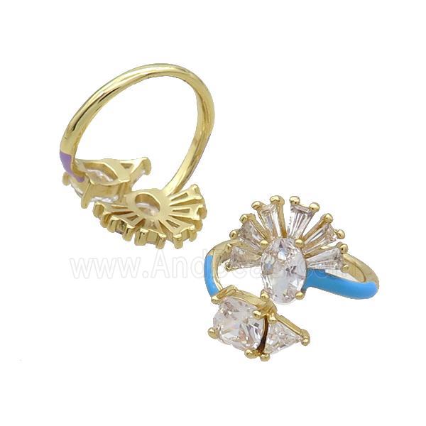Copper Ring Pave Zircon Clear Crystal Blue Enamel Gold Plated