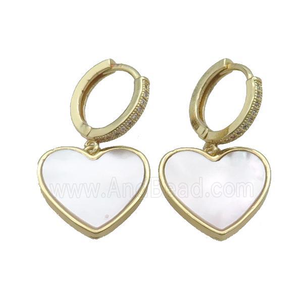 Copper Hoop Earring Pave Zircon White Shell Heart Gold Plated
